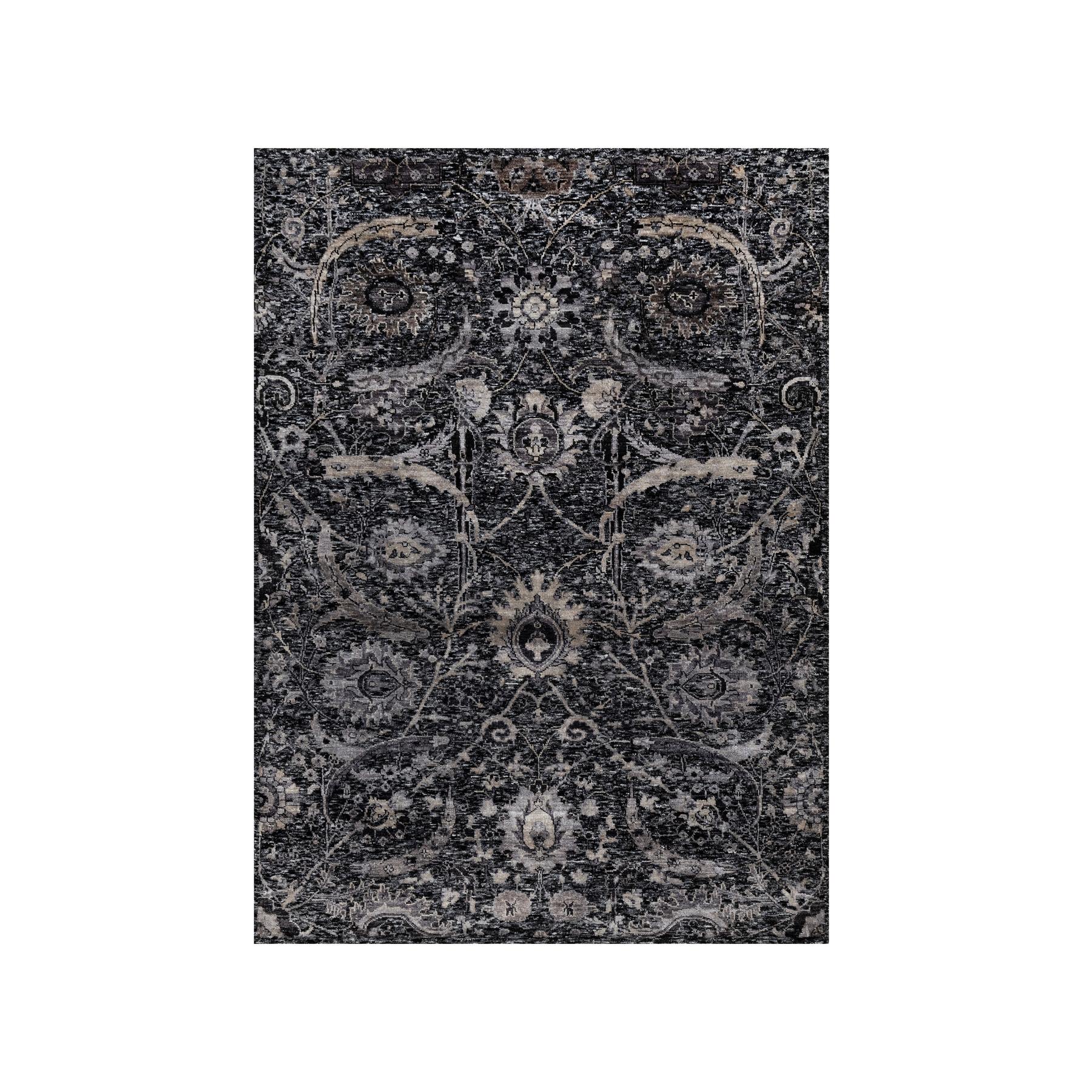 4'10"x7' Charcoal Black, Hand Knotted, Sickle Leaf Design, Soft Pile, Lush and Plush, Wool and Silk, Oriental Rug 